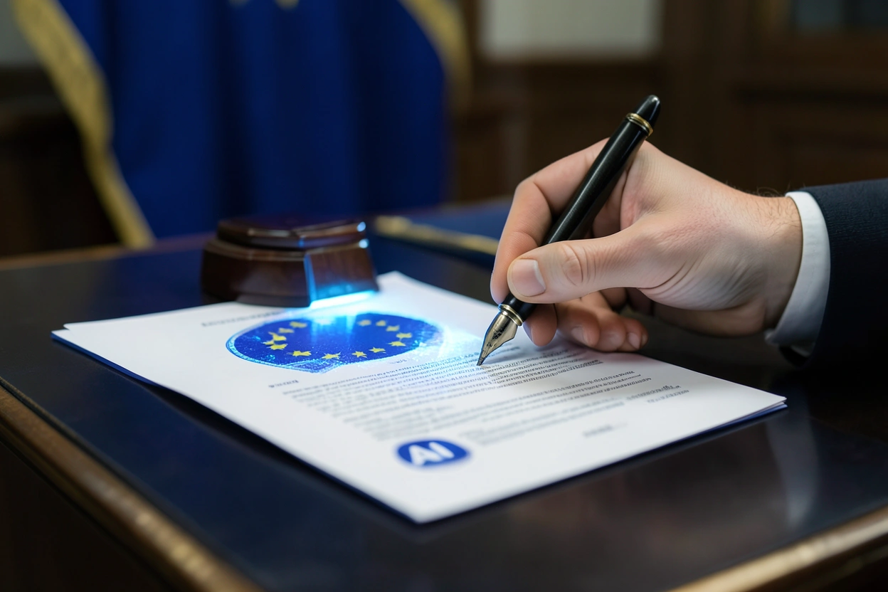 Main tamponnant un document avec un hologramme AI et drapeau européen