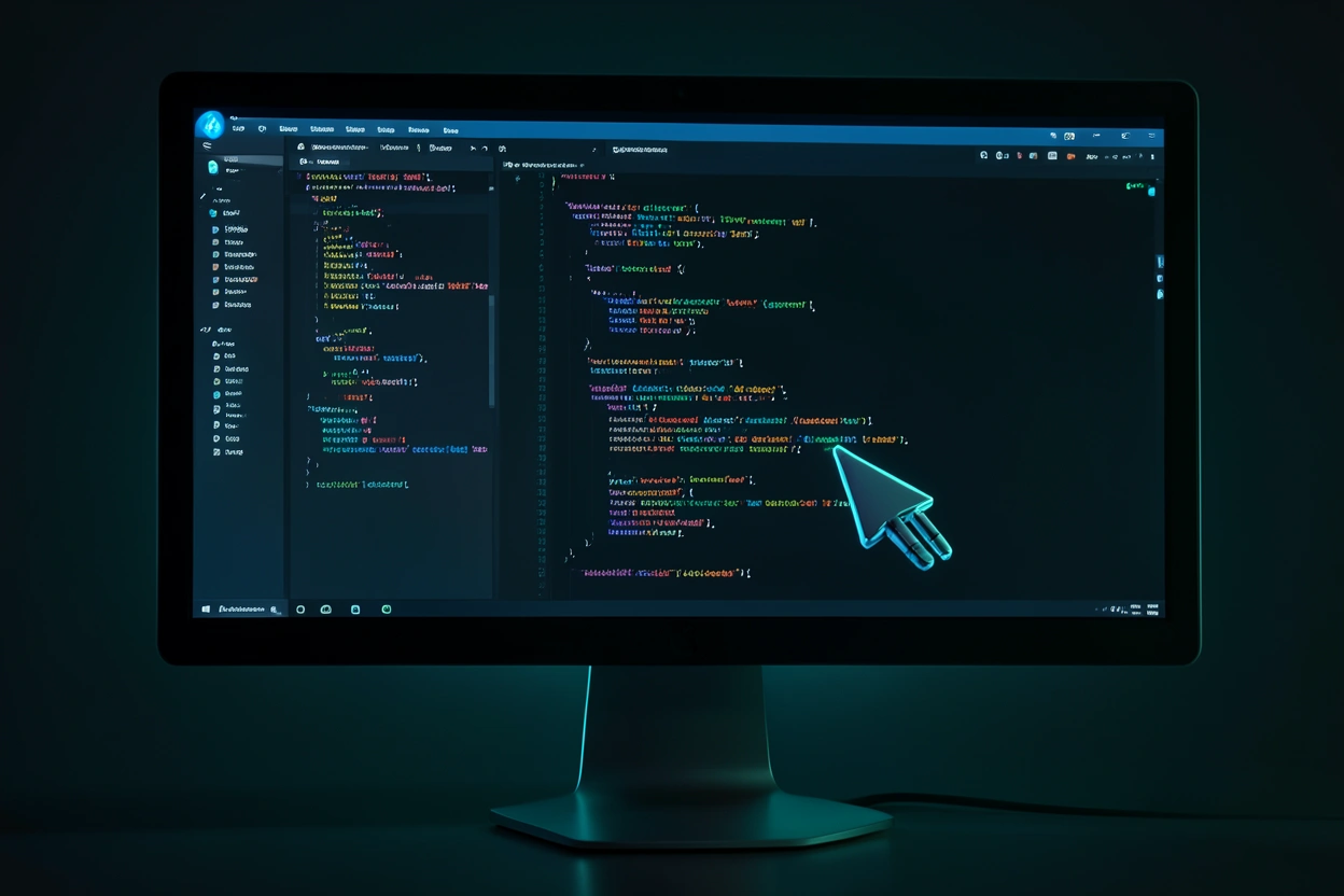 Terminal de codage IA affichant des lignes de code lumineuses