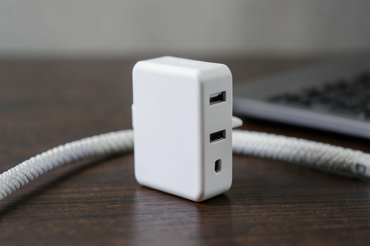 Chargeur mural blanc 65 W à deux ports USB-C sur un bureau