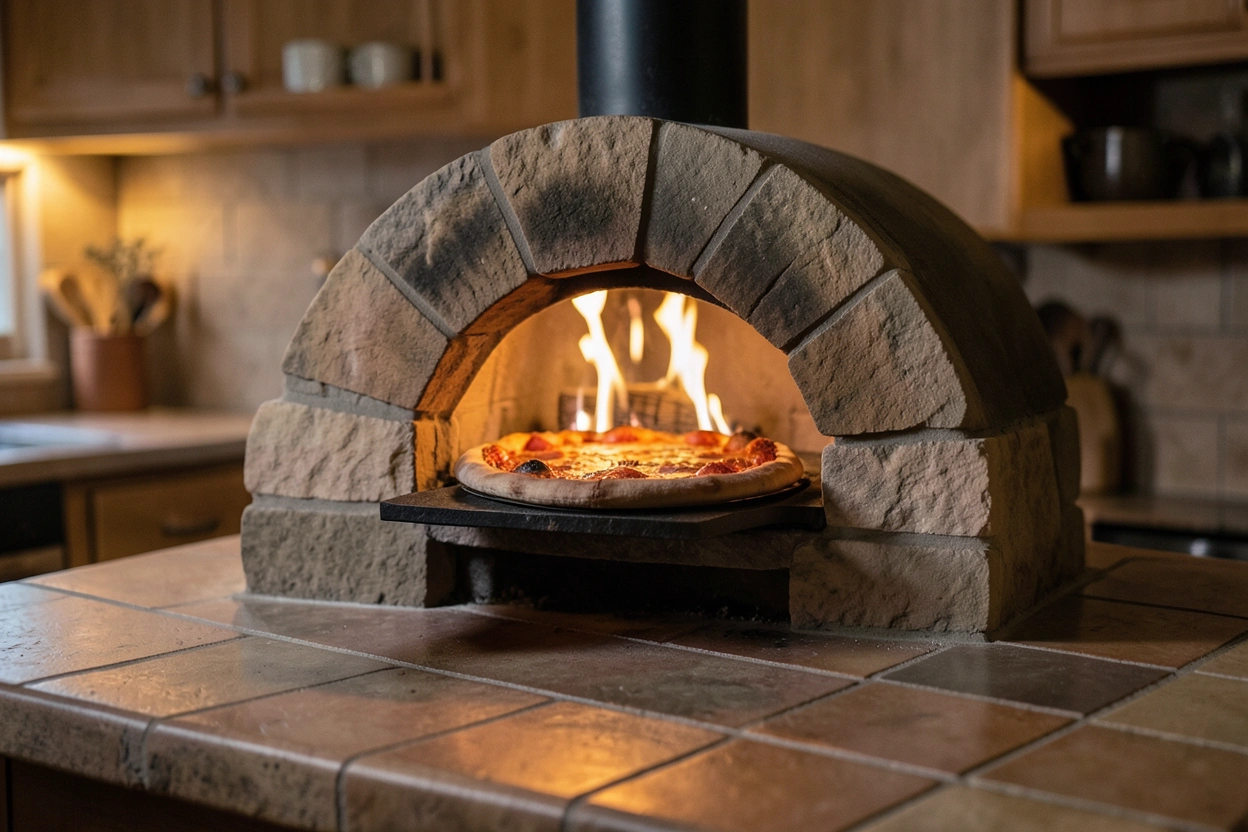 Four à pizza à bois dans une cuisine, flamme visible par l'ouverture