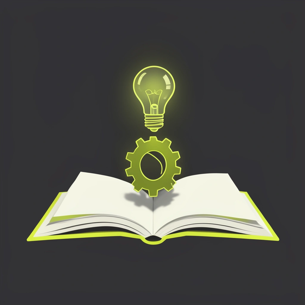 Livre ouvert avec une roue dentée et une ampoule lumineuses