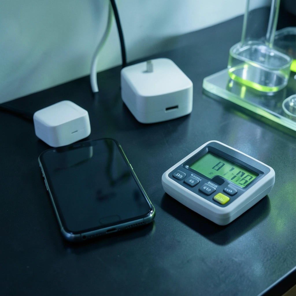 Smartphone et chargeur posés sur un banc de test